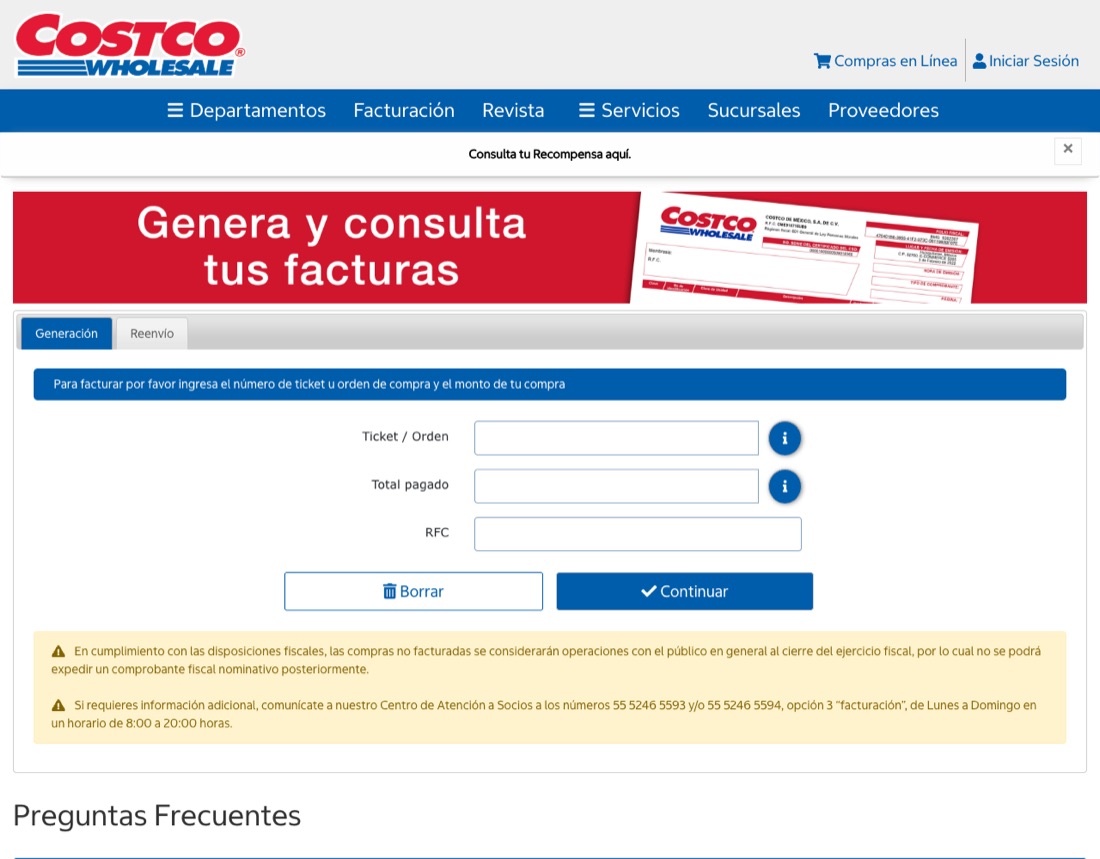 Portal de facturación de Costco