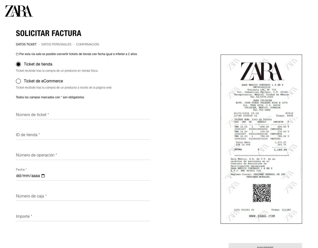 Portal de facturación de Zara